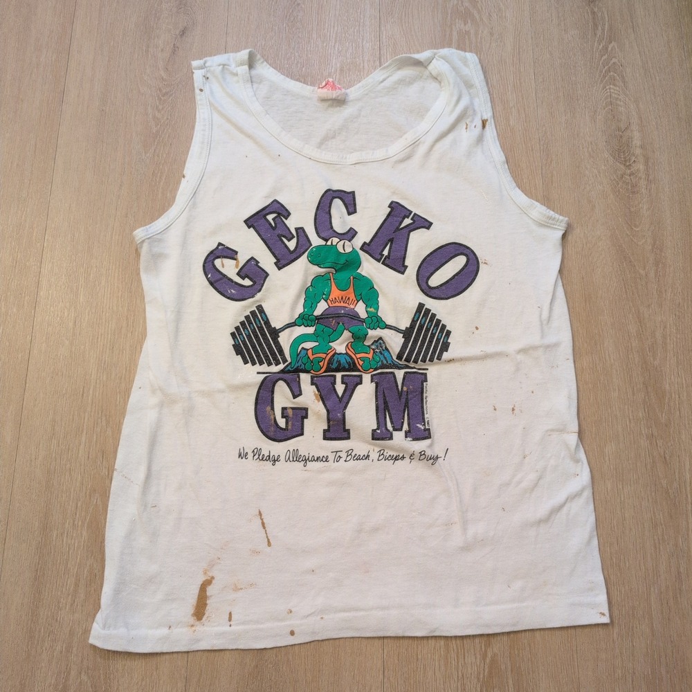 VTG 1987 Gecko Gym‎ World Tank Top Men Small White Hawaii Surf Muscle Thrashed